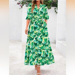 NWOT Women’s Floral Green Puff 3/4 Sleeve Button Down Easter Maxi Dress Small